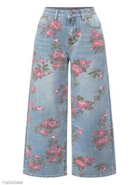 Plus Size Floral Wide Leg Jeans Loose Baggy Denim Pants